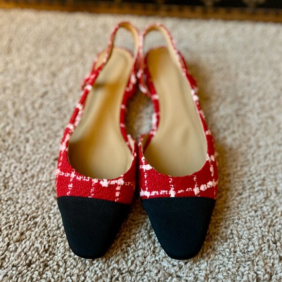 Anthropologie Red Tweed Slingback Flats, Black Cap Toe - Chanel Style - Picture 5 of 5